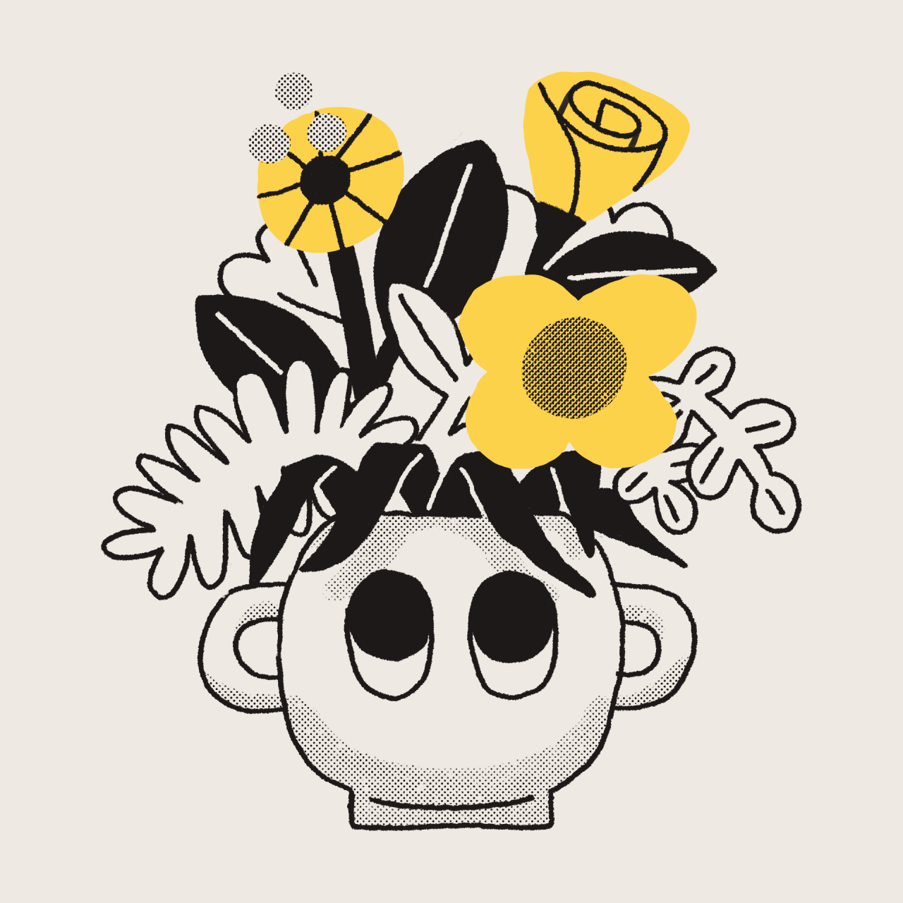 An illustration of flowers in a round vase with cartoon eyeballs.