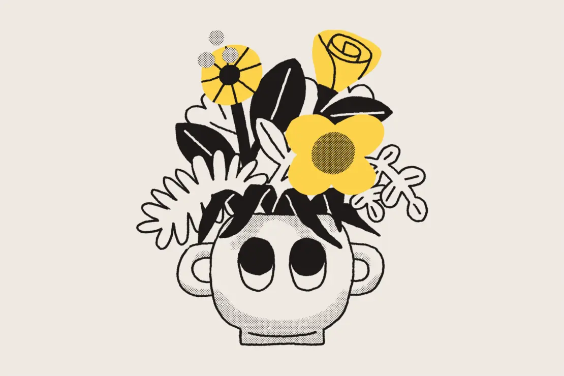 An illustration of flowers in a round vase with cartoon eyeballs.