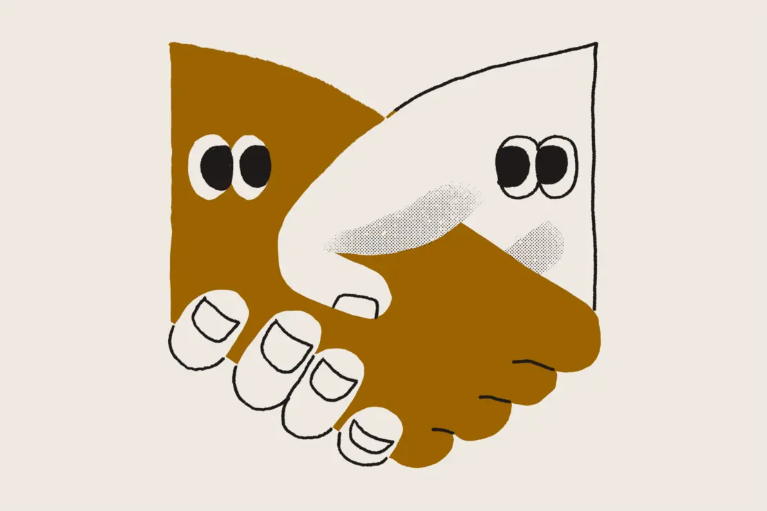  An illustration of two hands with eyes in a handshake