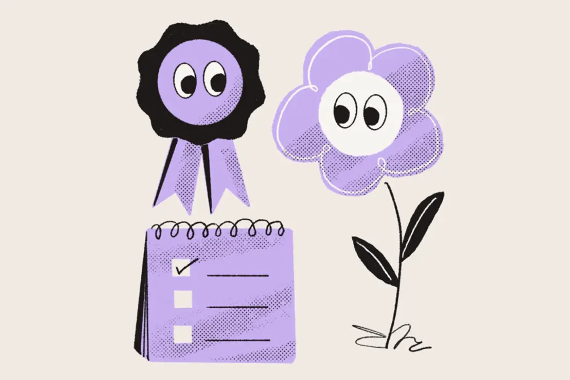 An illustration of an purple award badge, flower and to-do list