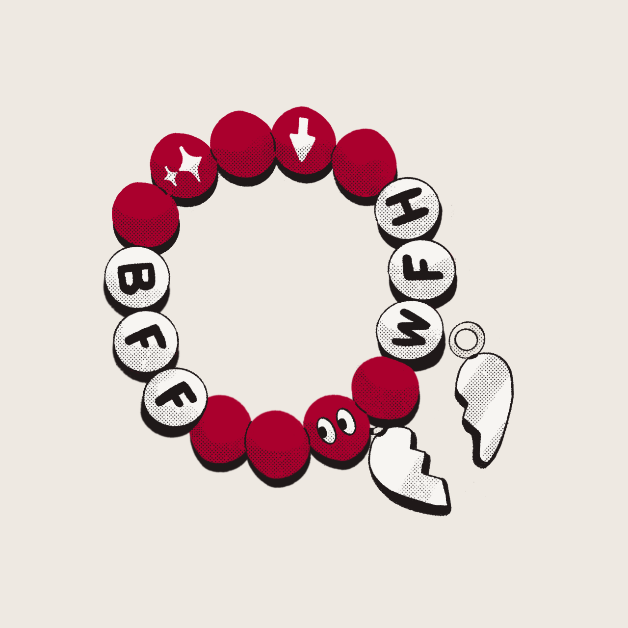 En illustration af et venskabsarmbånd i perler med bogstaverne “BFF” og “WFH”
