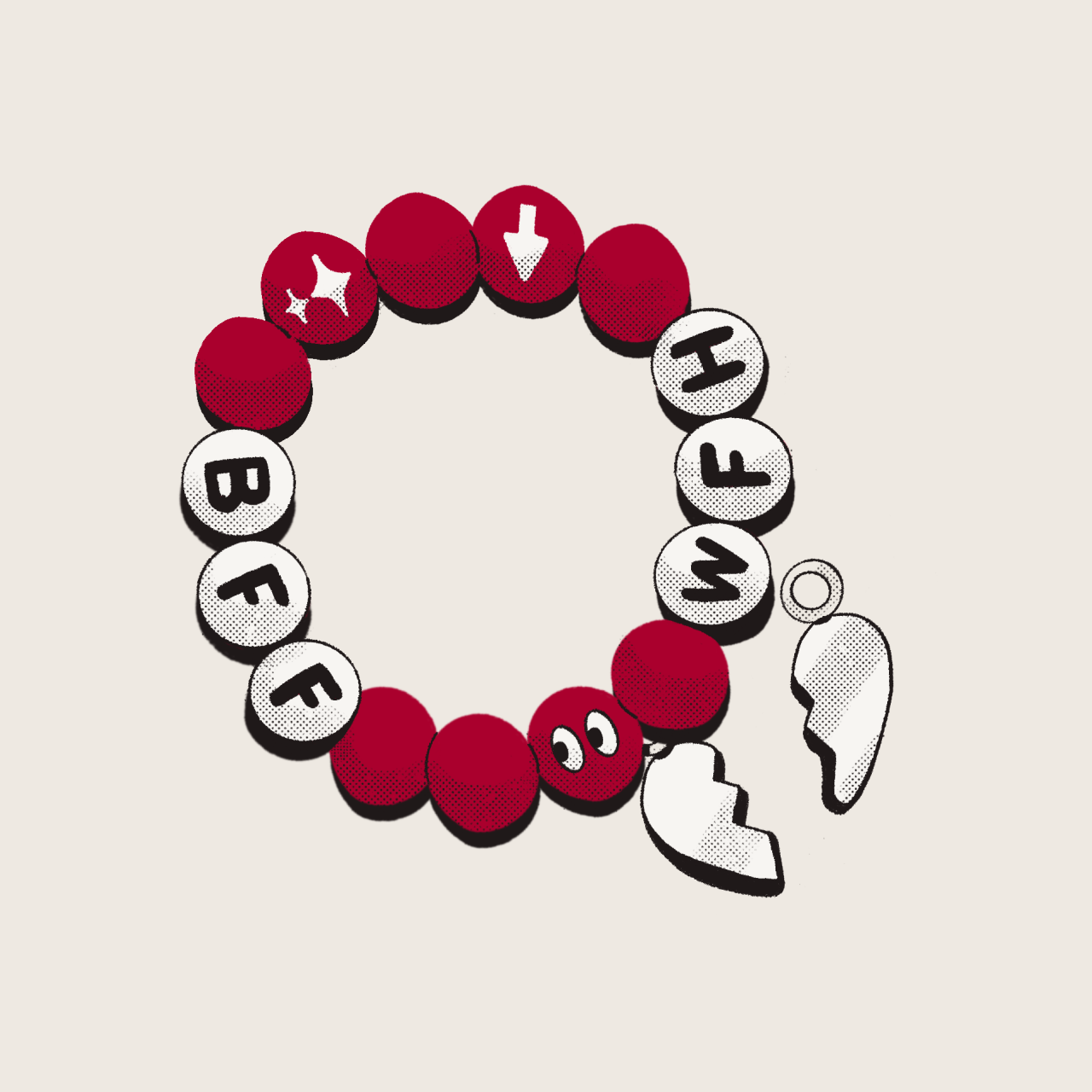 Una ilustración de una pulsera de la amistad de cuentas con las letras "BFF" y "WFH"