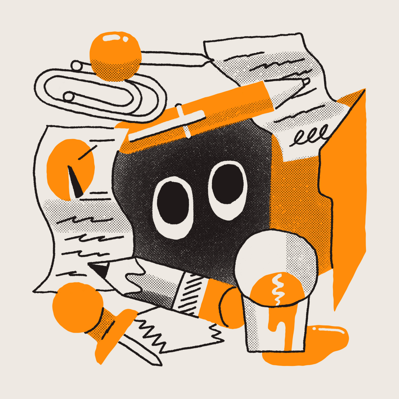 Illustration of office supplies (pencil, push pin, paper clip, paper, folder) surrounding cartoon eyeballs.