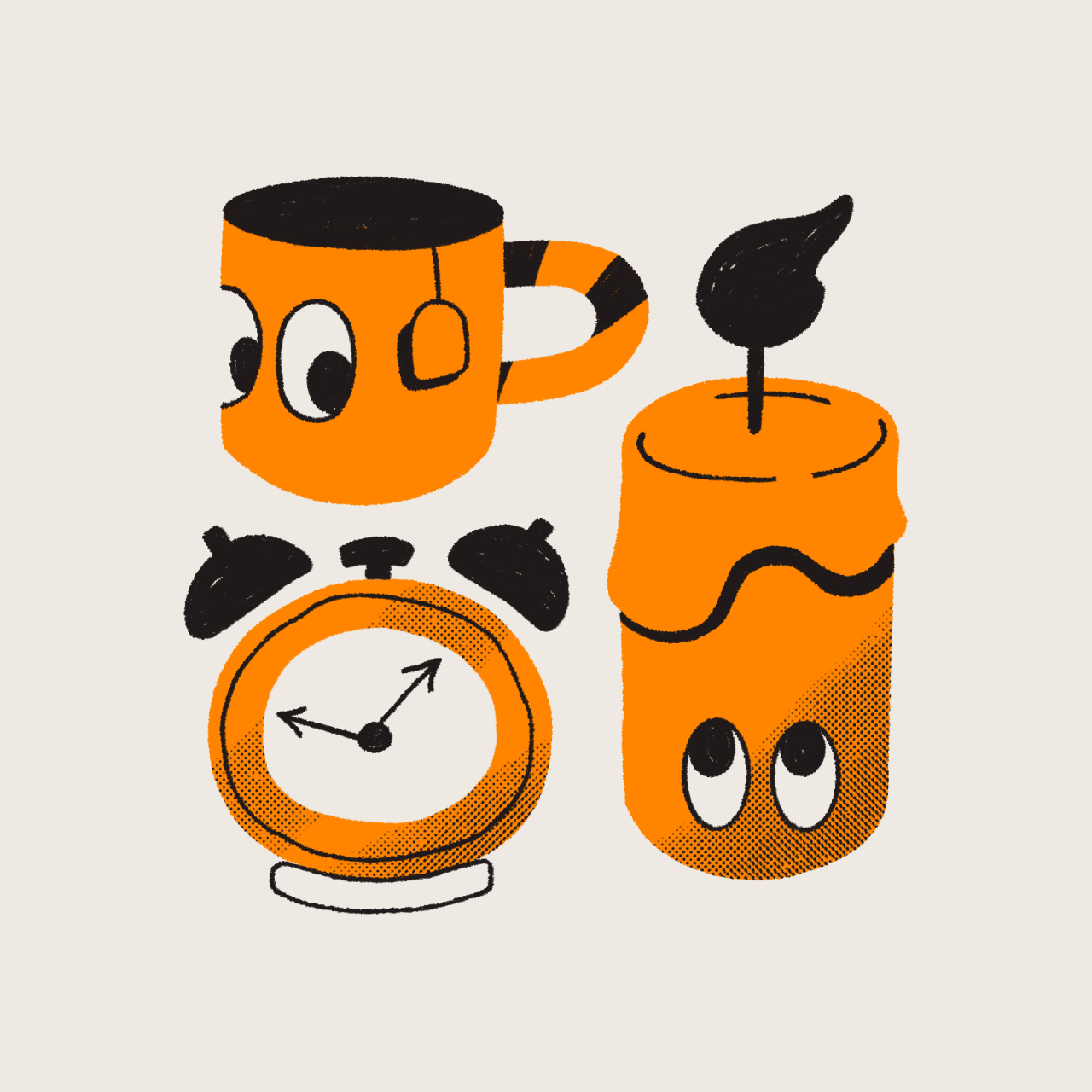 An illustration of an orange coffee mug, alarm clock, and candle