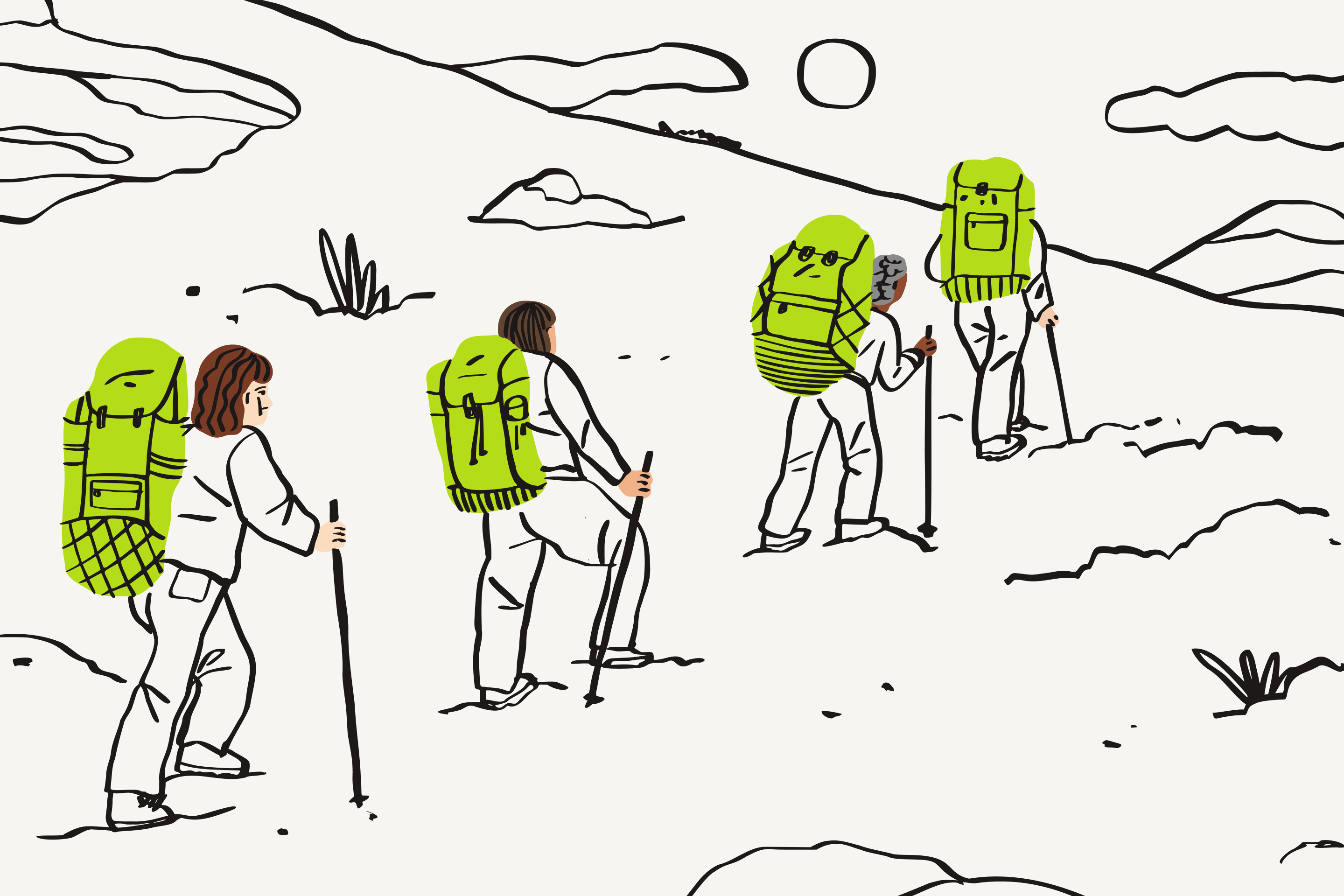 A graphic of people walking up a mountain 