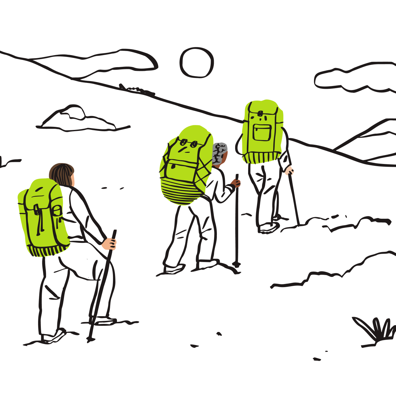 Uma ilustração de três pessoas mochileiras em uma caminhada.