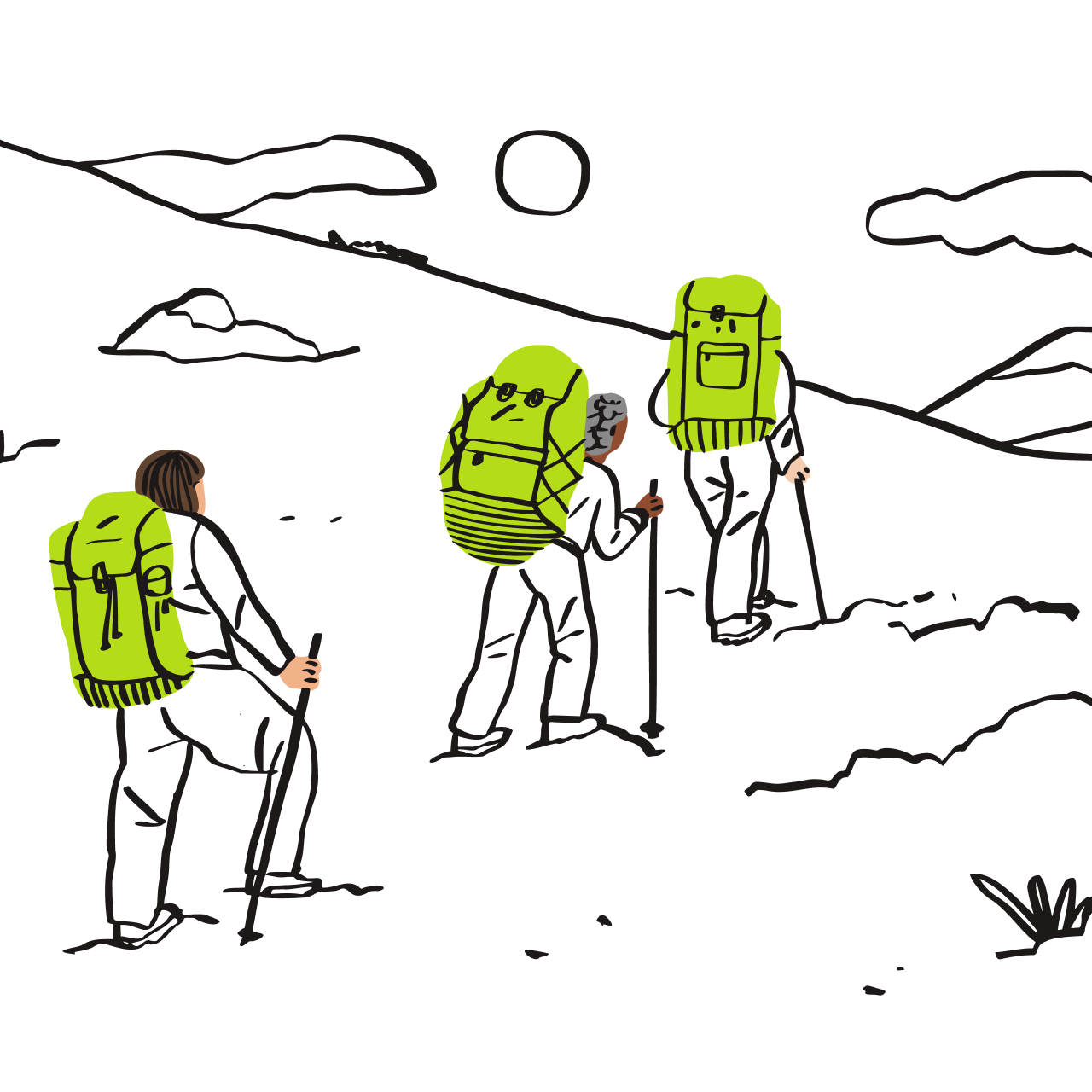 En illustration av tre backpackare på vandring.