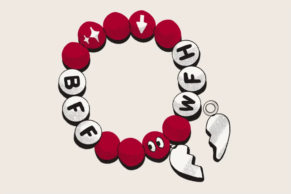 An illustration of a beaded friendship bracelet with the letters “BFF” and “WFH”