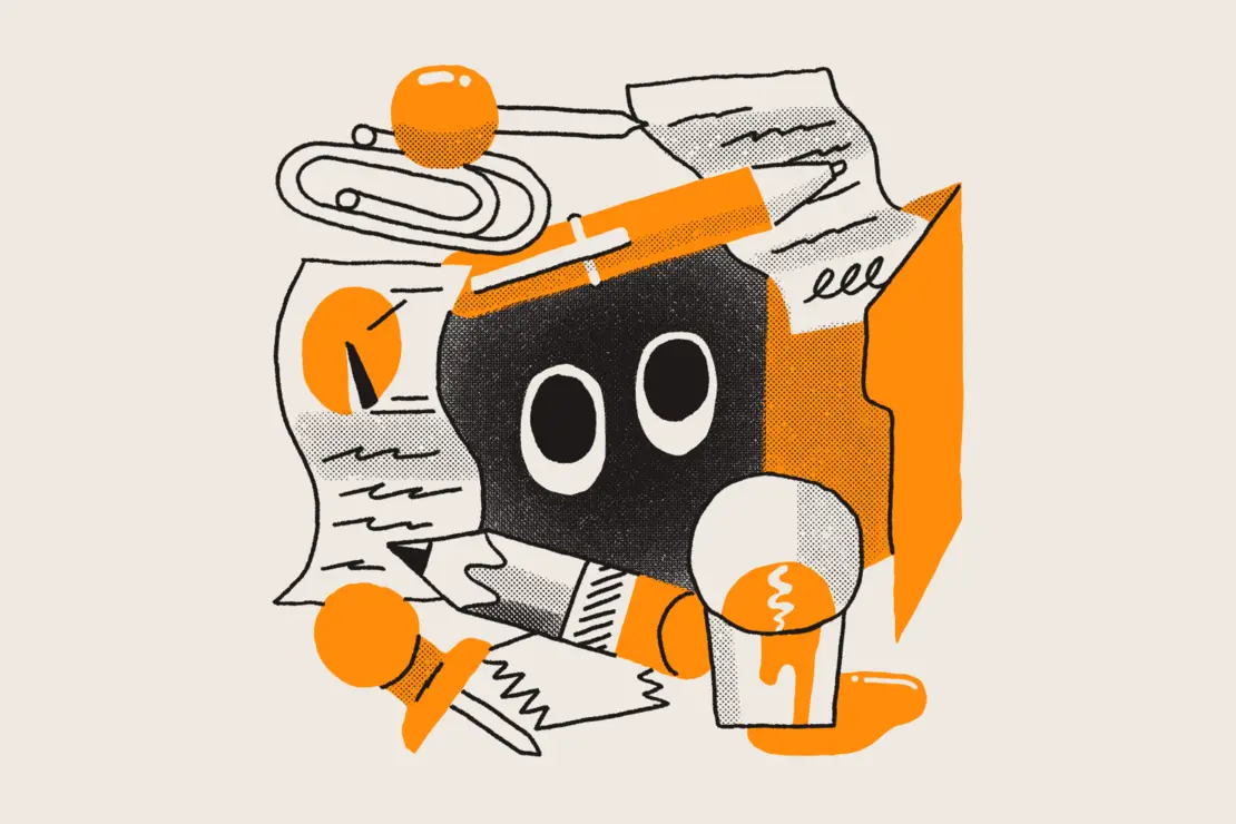 An illustration of office supplies (pencil, push pin, paper clip, paper, folder) surrounding cartoon eyeballs.