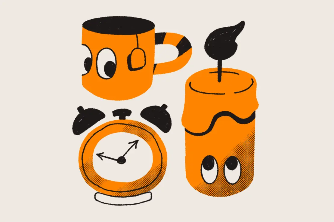 An illustration of an orange coffee mug, alarm clock, and candle