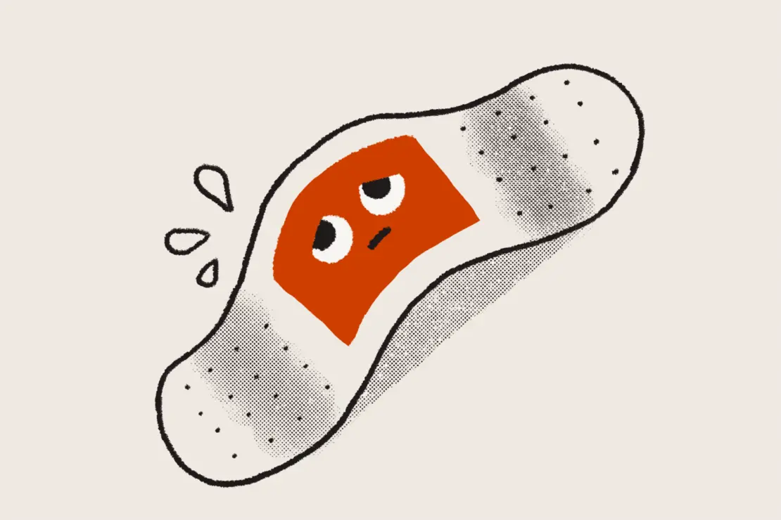 An illustration of a bandaid with sad eyes.