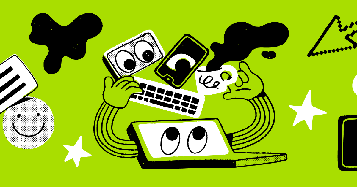 Ilustrasi komputer kartun yang memegang papan kekunci, secawan kopi dan telefon pintar.