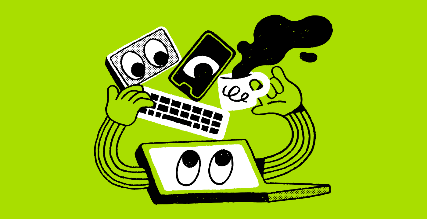 An illustration of a cartoon computer holding a keyboard, a cup of coffee, and a smartphone.