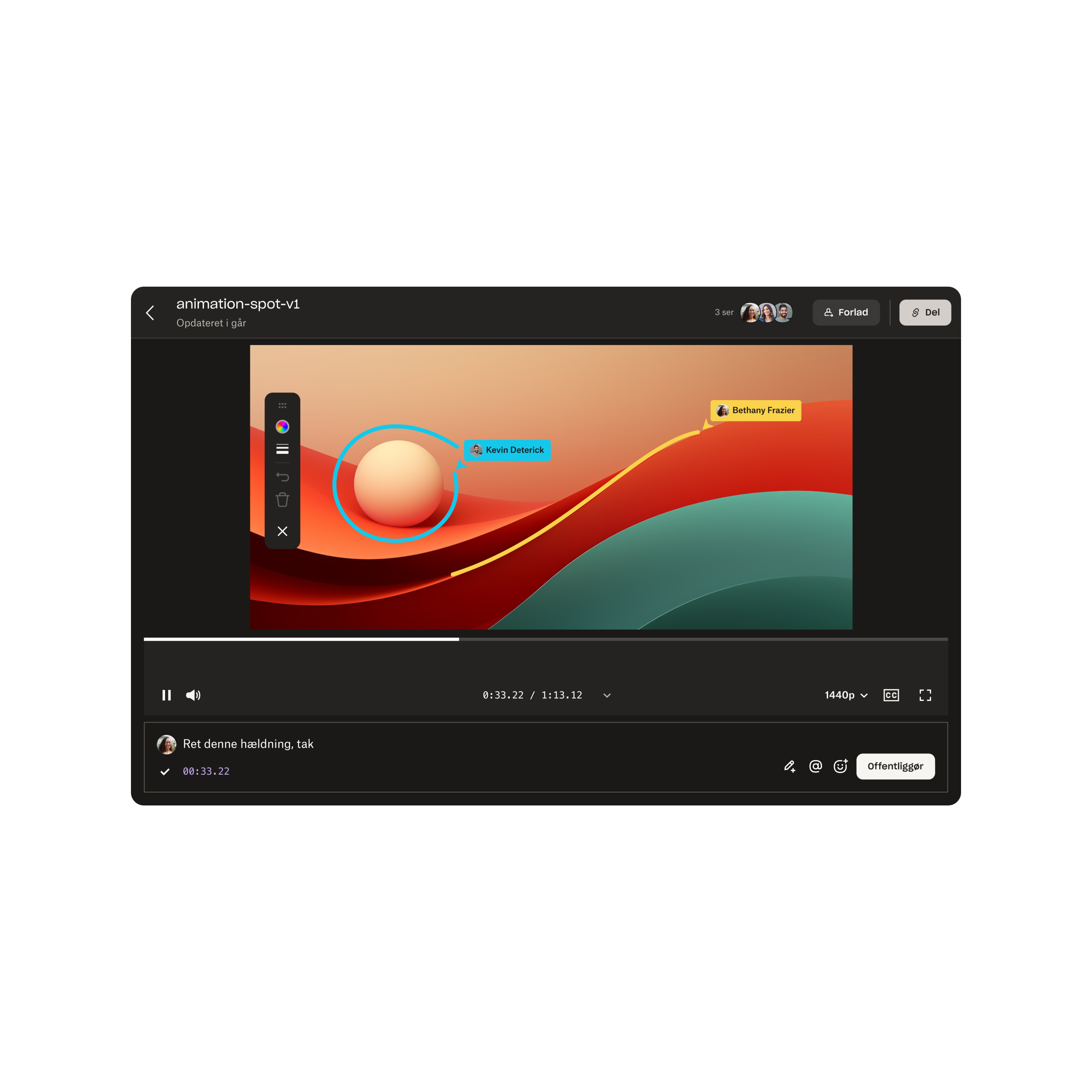 Markering af redigeringer på videoklip ved hjælp af Replay-værktøjet.