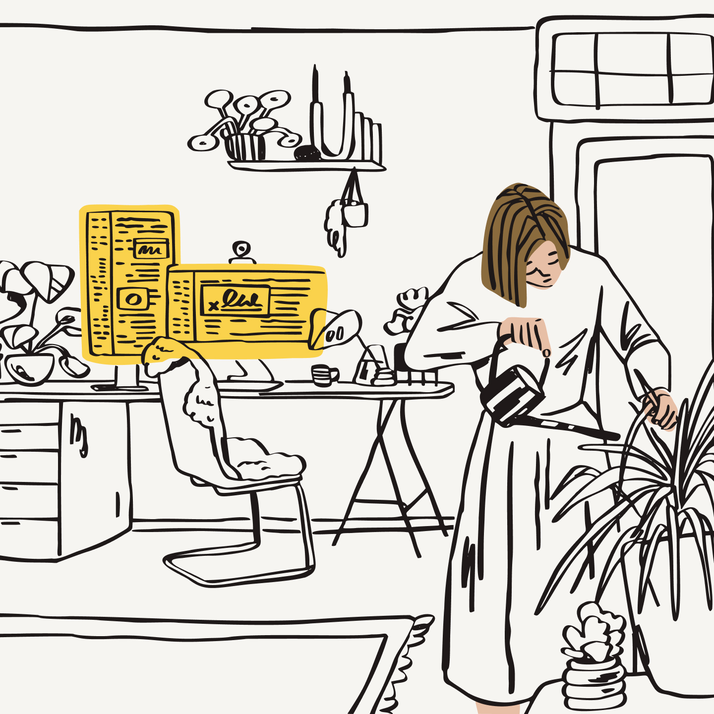 Una trabajadora del sector virtual regando las plantas en el despacho de su casa
