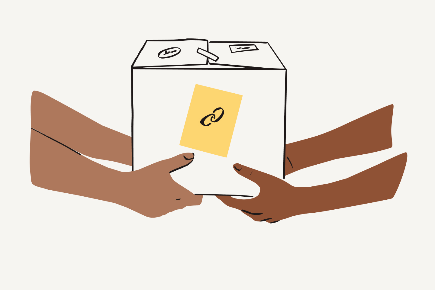 Two people carry a box with a yellow label and the link icon on it.