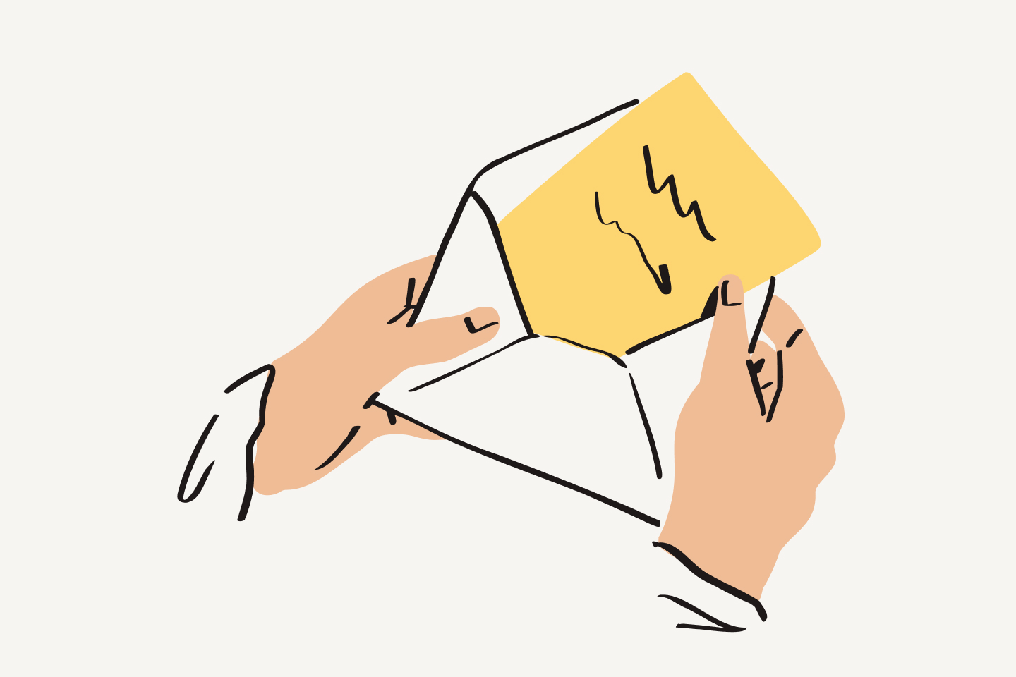 Una persona saca de un sobre una hoja de papel amarillo con texto escrito