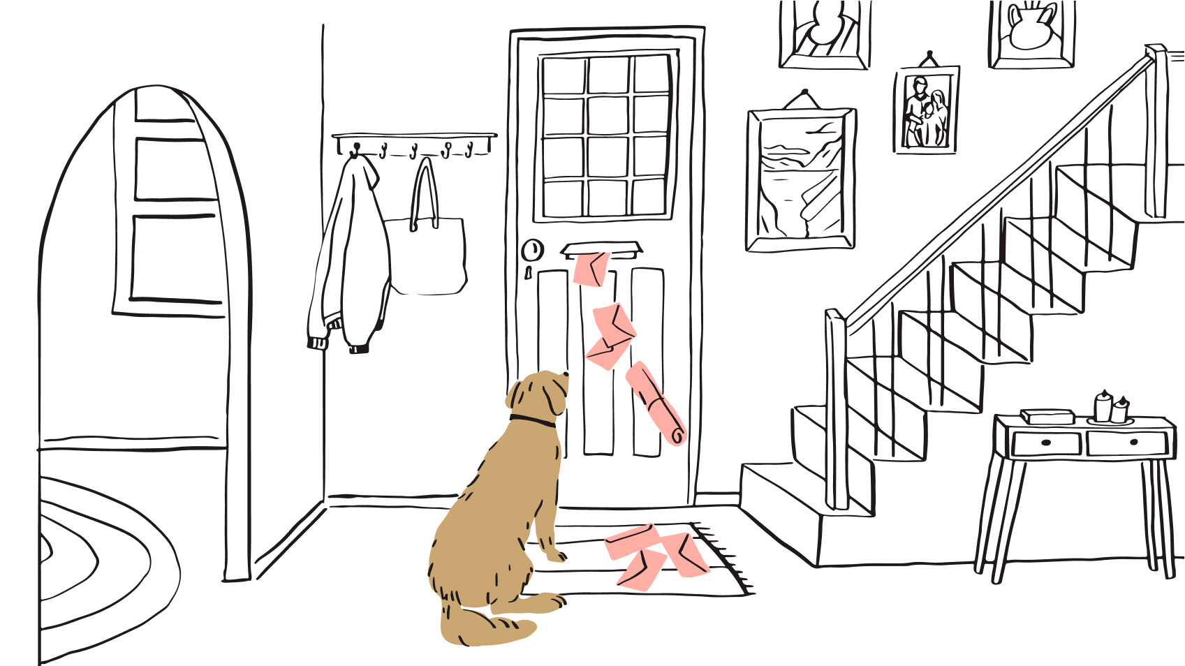 Dog waiting by door as multiple pink letters arrive which illustrates the impact of delayed or fragmented async feedback