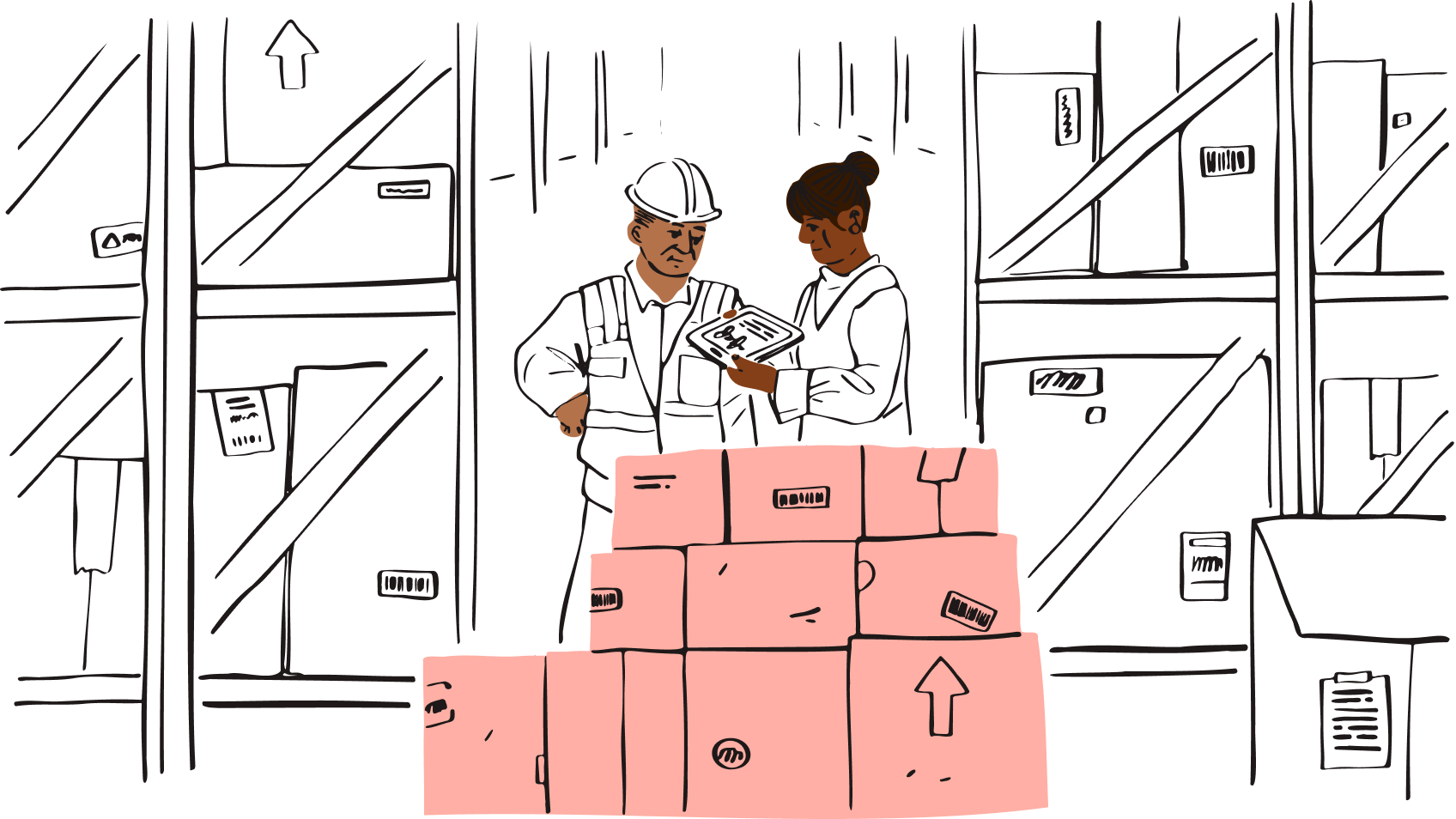 Team reviewing checklist in warehouse surrounded by pink boxes which symbolizes async review and quality control