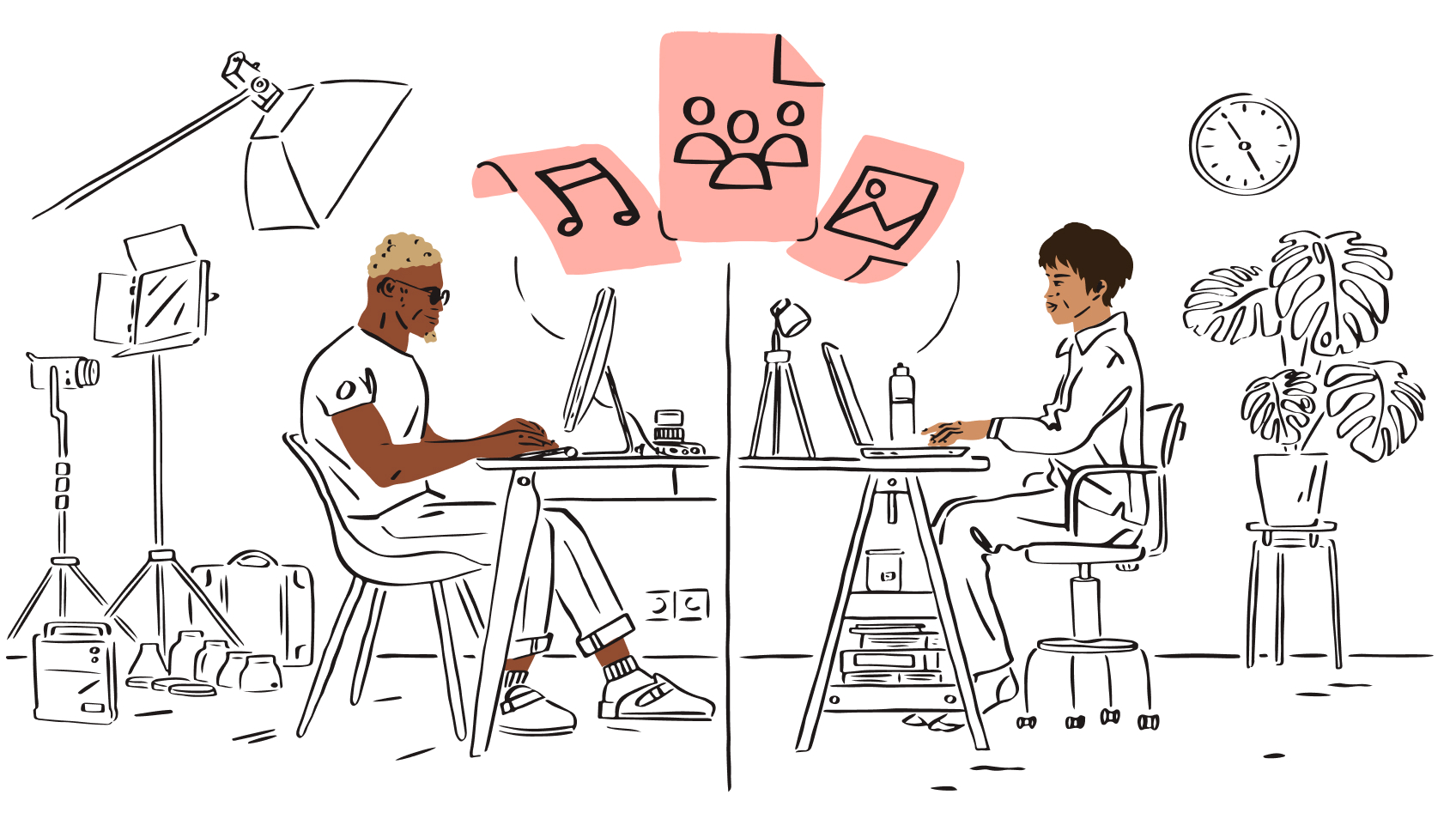 Two remote coworkers sharing digital files. Icons show async collaboration and media workflow.