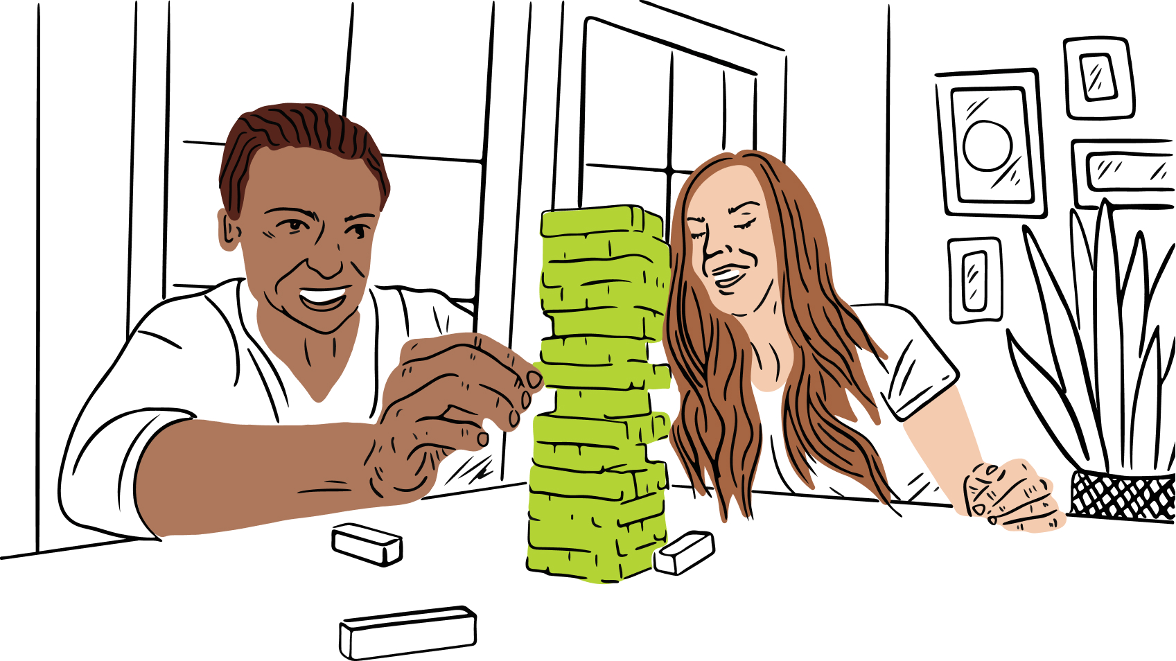 Two people playing with blocks