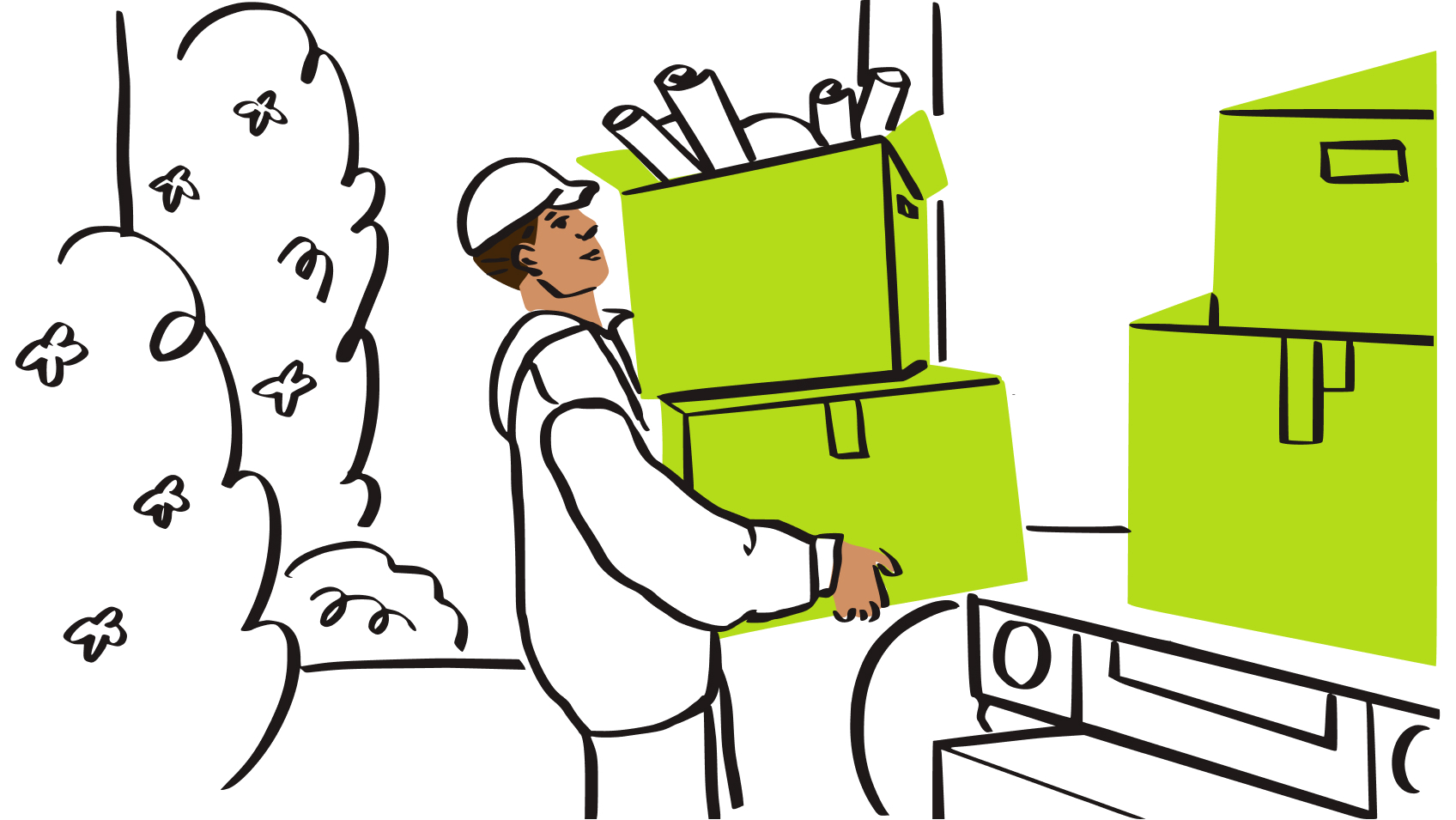Worker carrying bright green project boxes which symbolizes structured handoffs and clear task transitions.