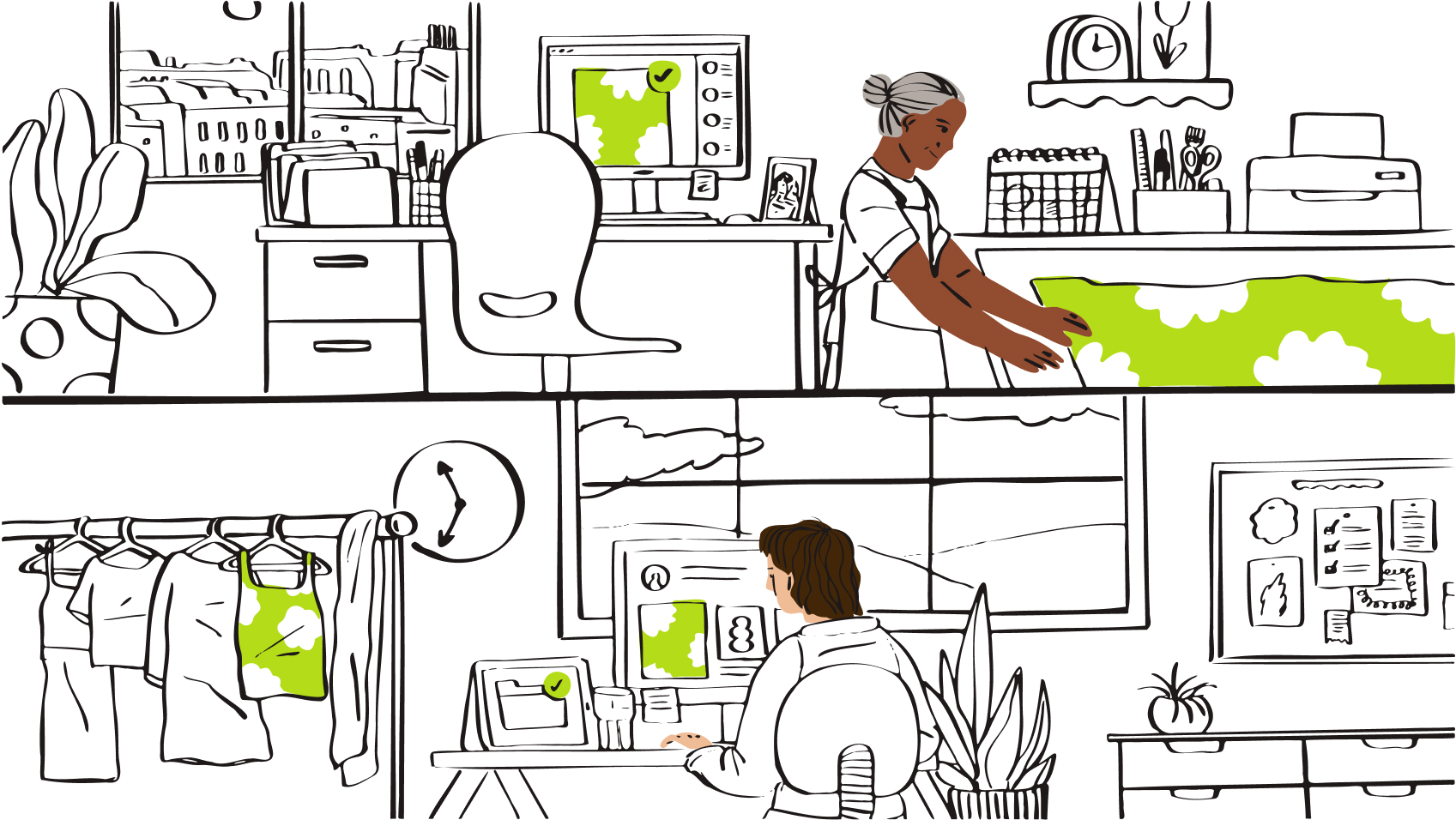 Remote team members collaborating across time zones, with green-check tasks signaling async handoff completion