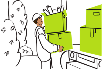 Worker carrying bright green project boxes which symbolizes structured handoffs and clear task transitions