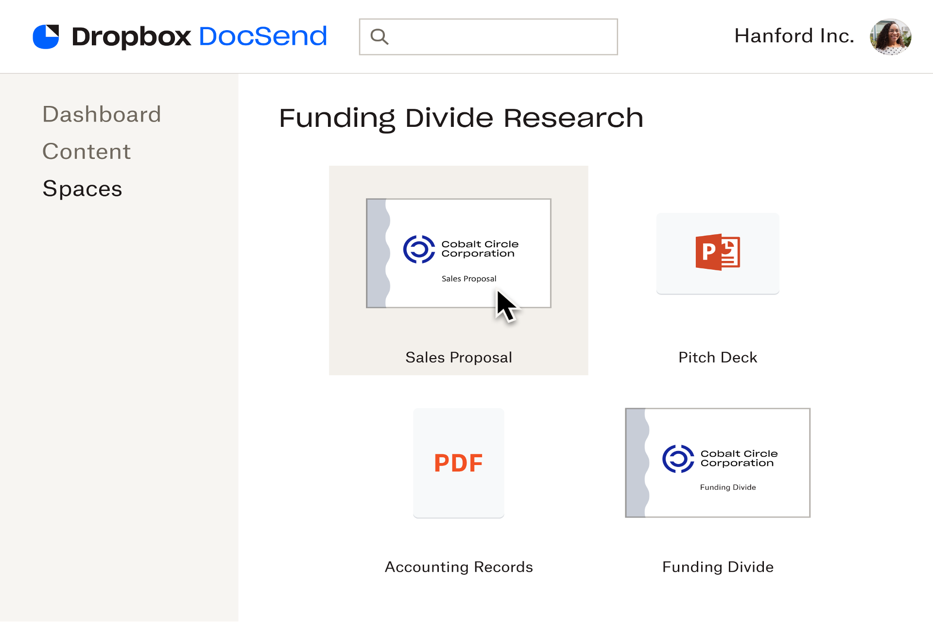 Et skærmbillede af et virtuelt datarum i DocSend med navnet “Funding Divide Research”, der viser nogle dokumenter, der er klar til brug i rummet.