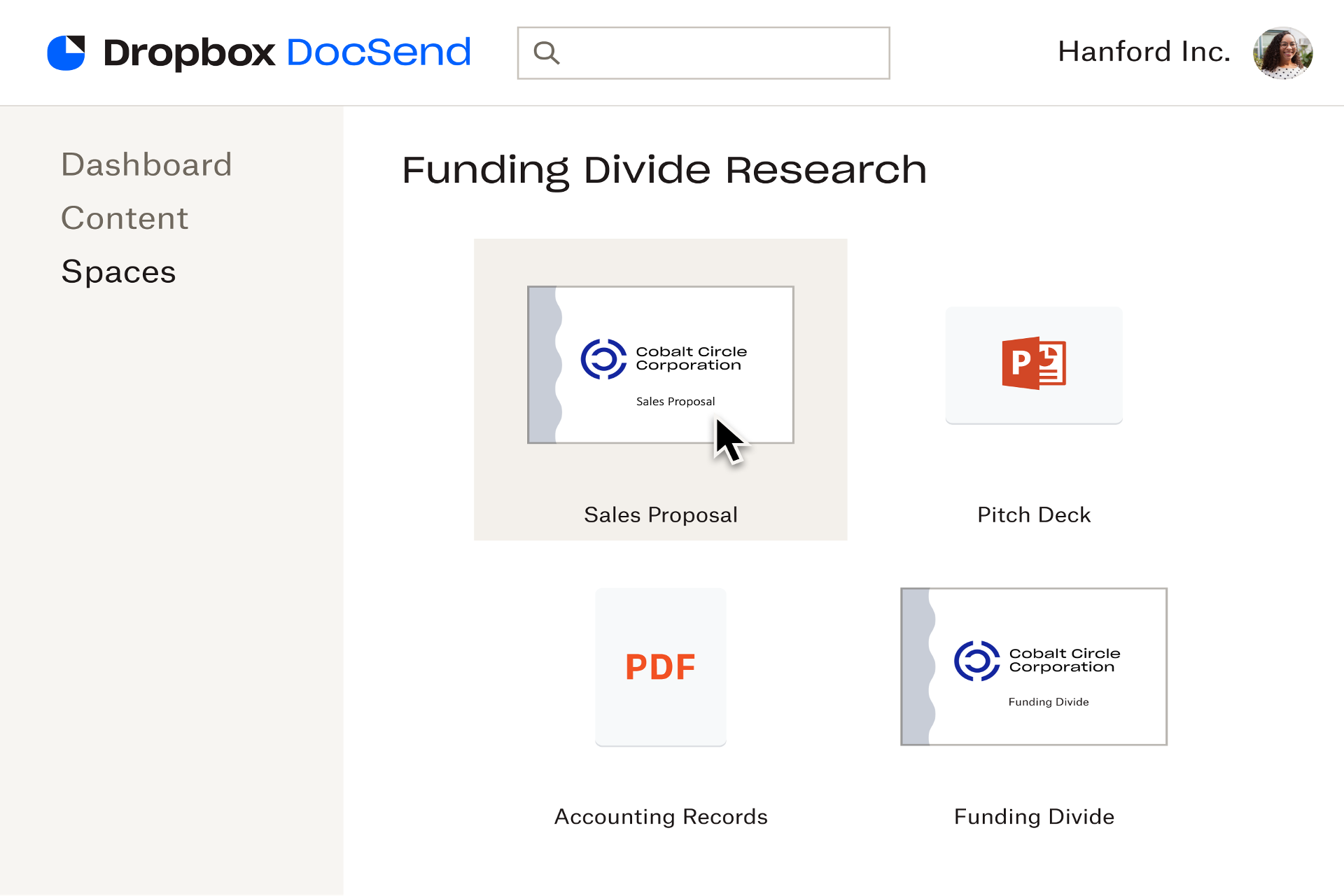 Uma captura de tela de uma sala de dados virtual no DocSend chamada "Funding Divide Research", mostrando alguns documentos prontos para uso no espaço.