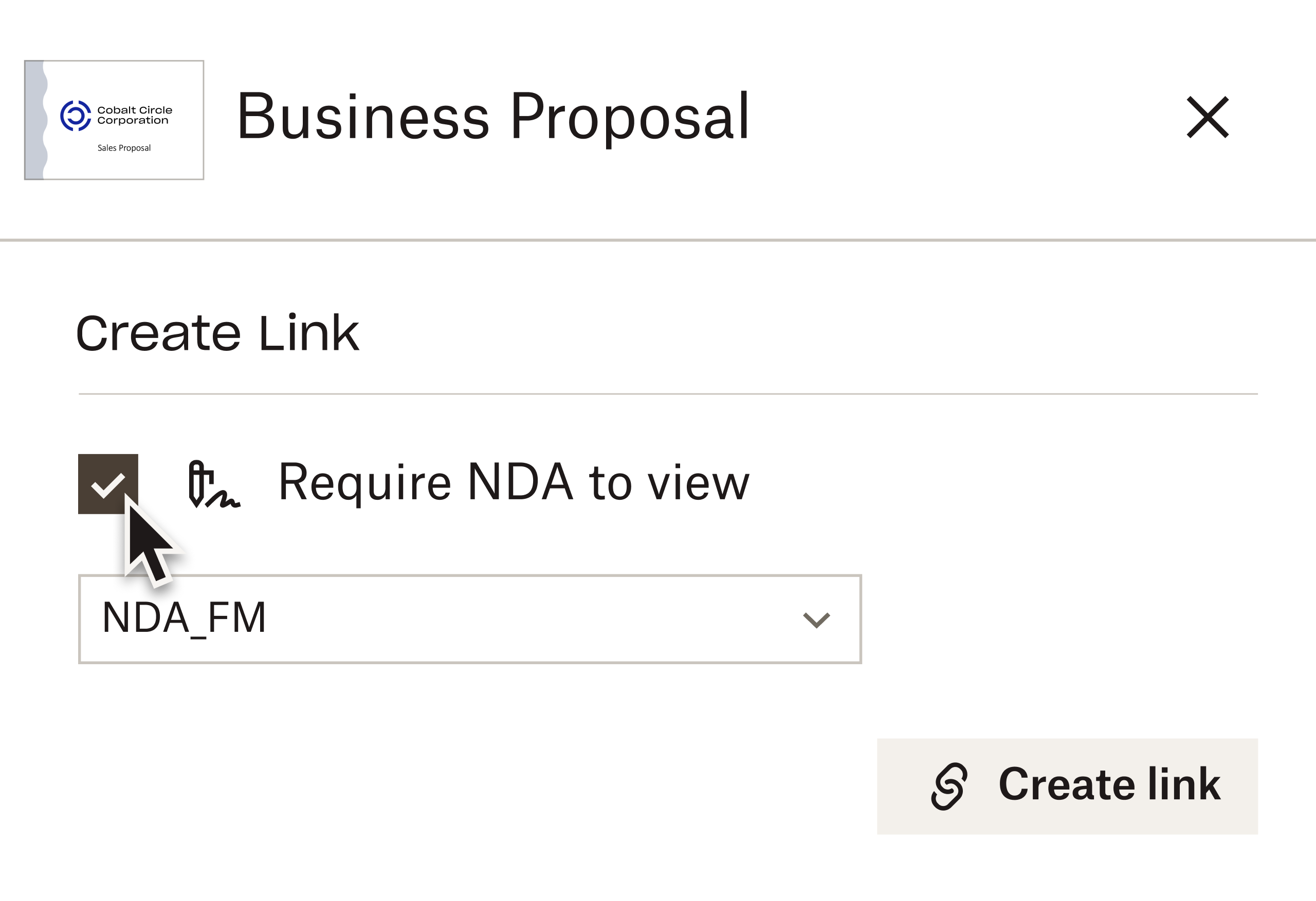 Una captura de pantalla que muestra cómo compartir un documento comercial y una presentación usando un enlace seguro en DocSend.