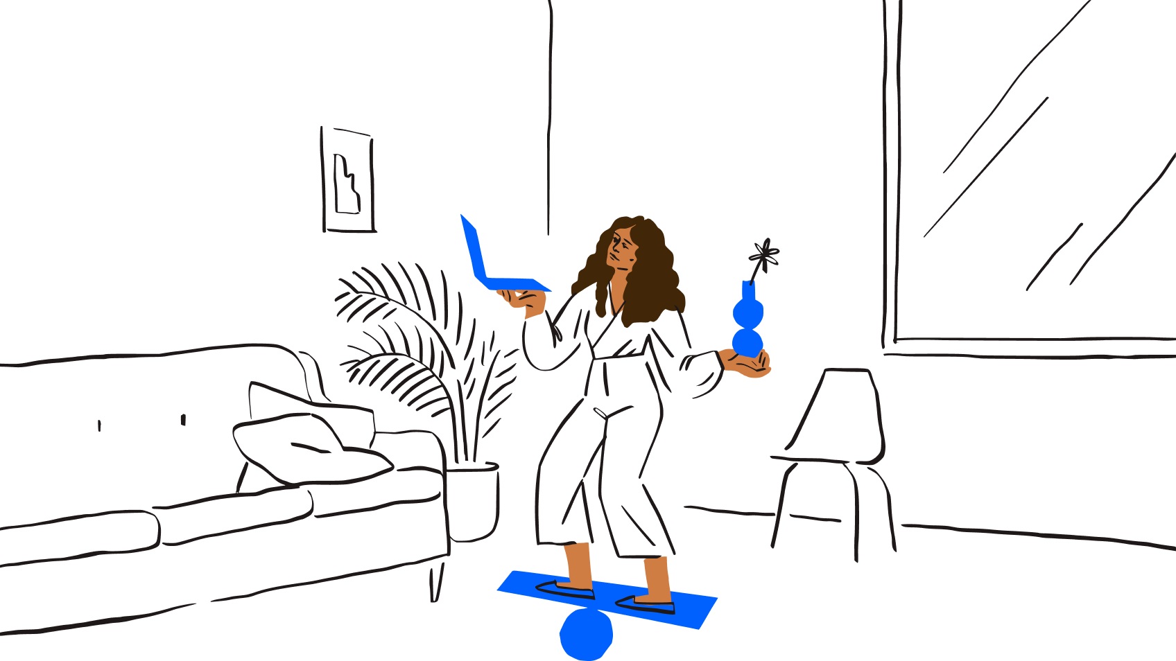 Illustration d'une personne en équilibre qui tient plusieurs choses en même temps, symbolisant l'équilibre vie privée vie professionnelle
