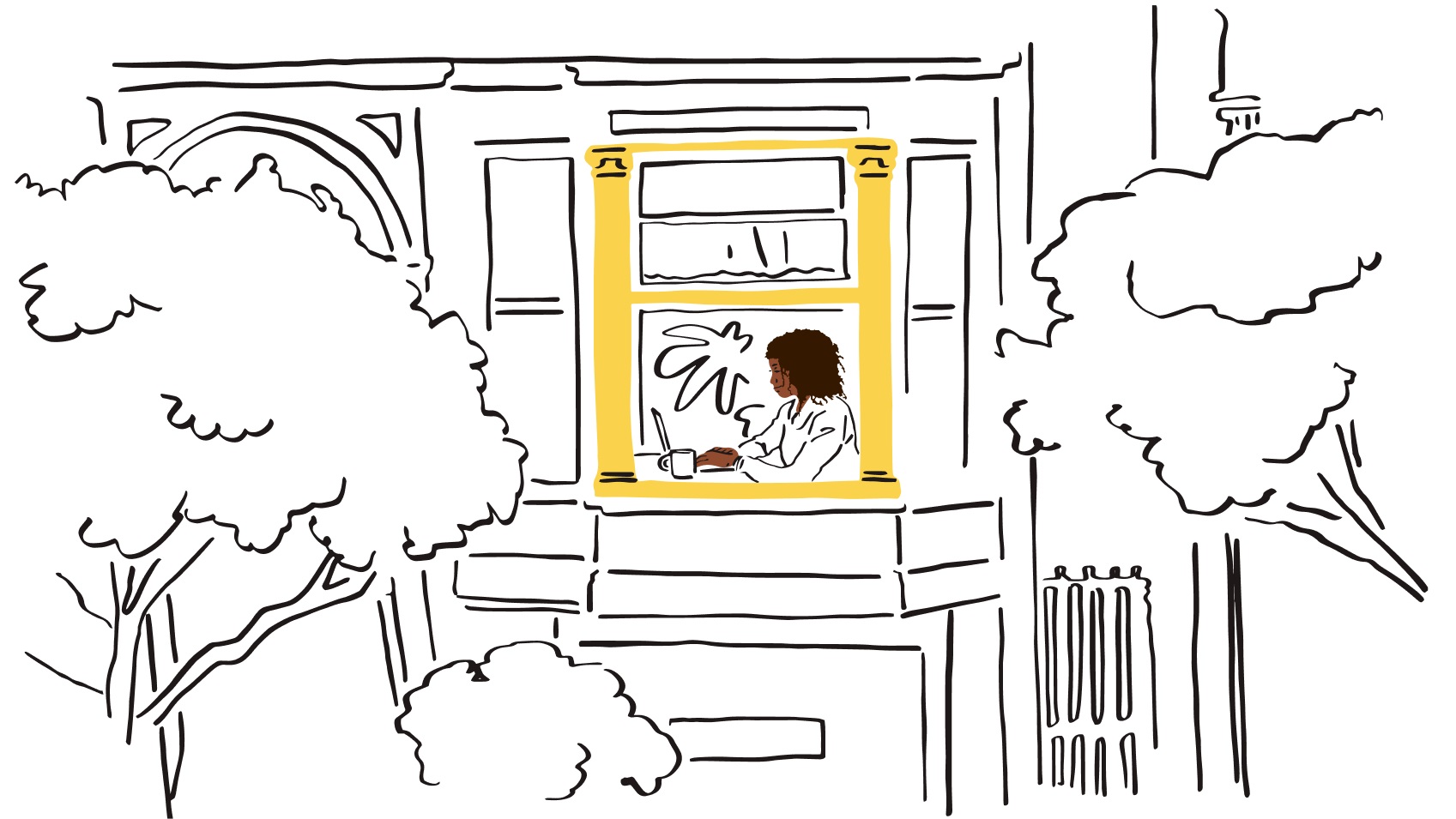 An illustration of a person working remotely from their home