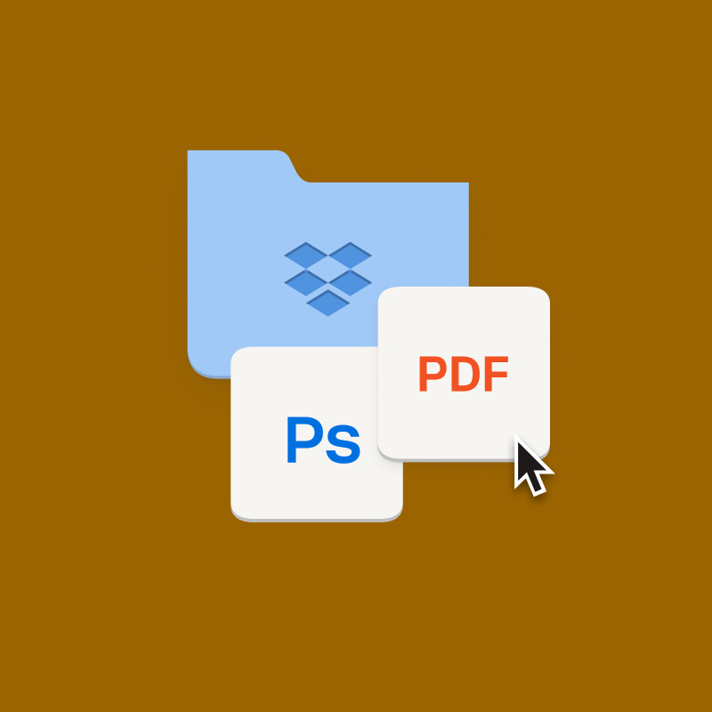 En PDF-fil og Photoshop-fil lagres i en Dropbox-mappe.