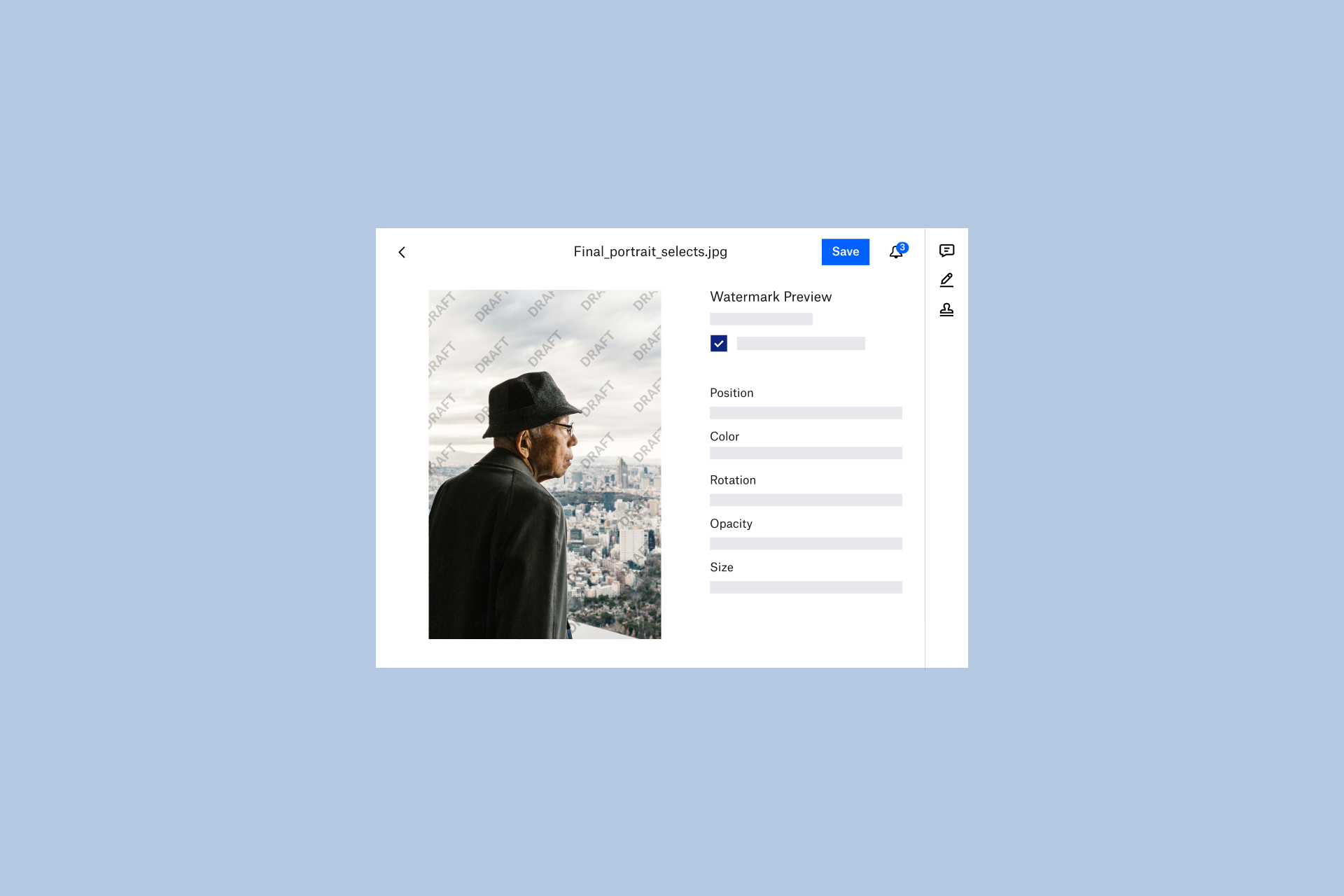 A preview of a portrait being digitally watermarked in Dropbox