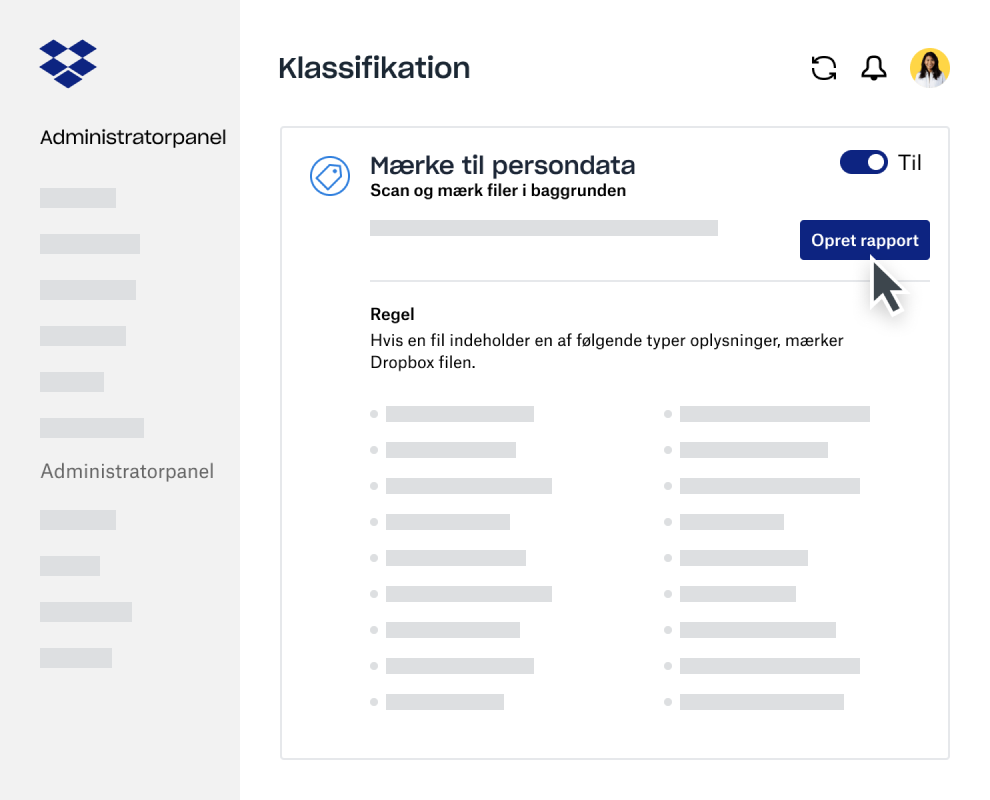 Værktøj til oprettelse af rapporter for dataklassificering i administratorpanelet i Dropbox Business