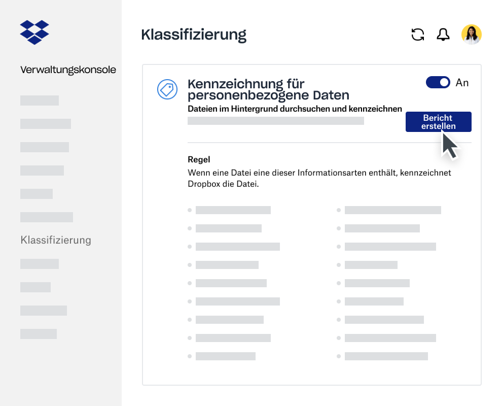 Verfasser eines Datenklassifizierungsberichts innerhalb der Dropbox Business-Verwaltungskonsole