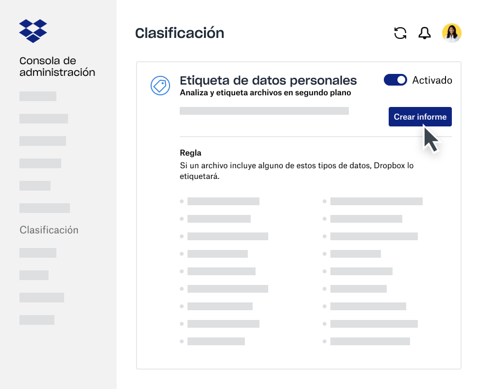 Creador de informes de clasificación de datos dentro de la consola de administración de Dropbox Business