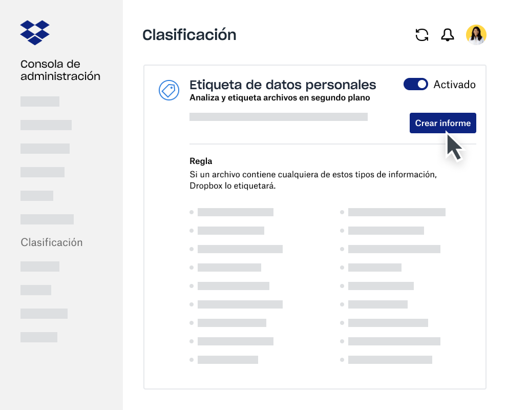 Creador de informes de clasificación de datos en la consola de administración de Dropbox Business