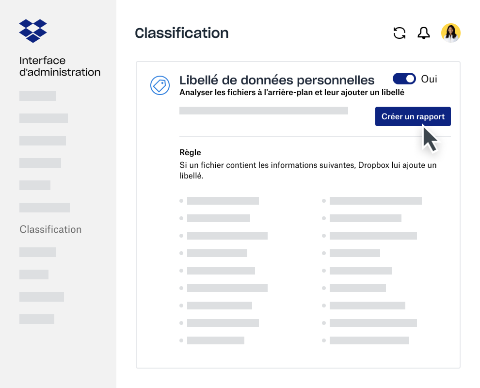 Créateur de rapport sur la classification des données dans l'interface d'administration Dropbox Business