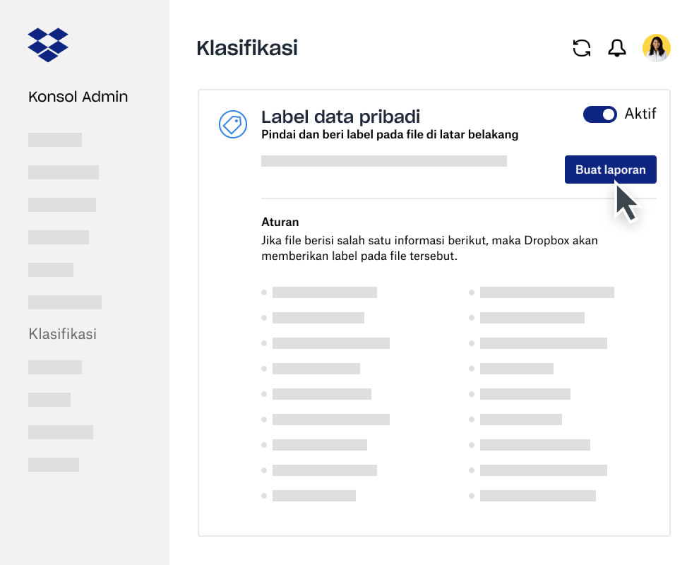 Penyusun laporan klasifikasi data di Konsol Admin Dropbox Business