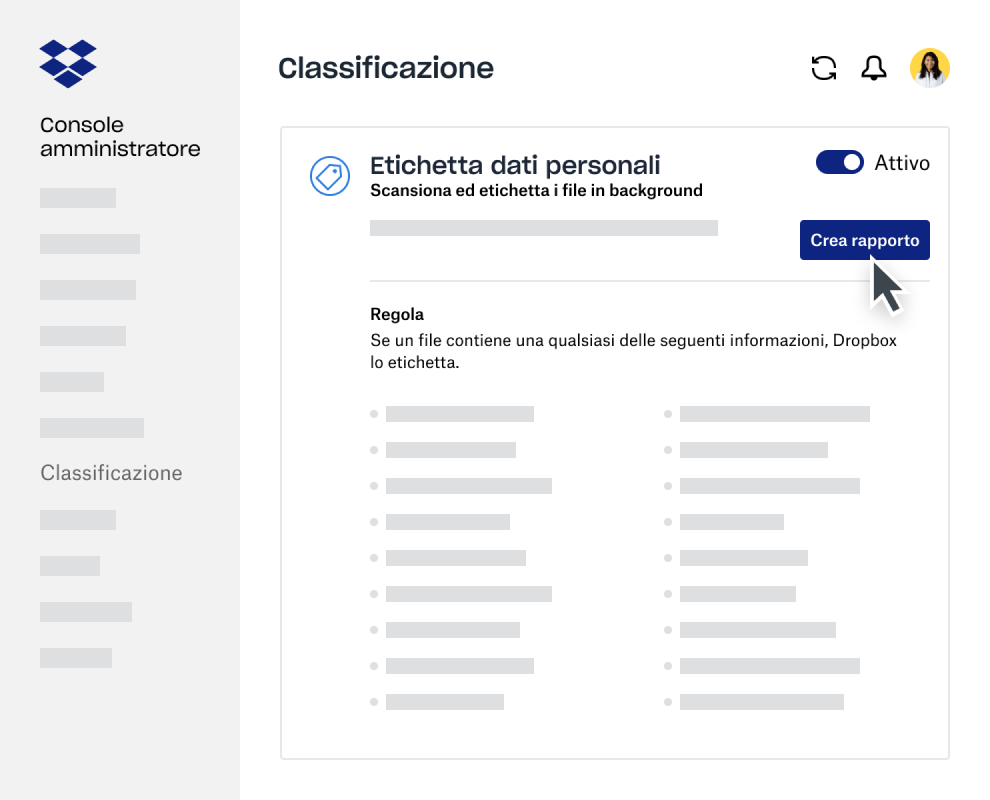 Creatore del report di classificazione dei dati nella Console amministratore di Dropbox Business