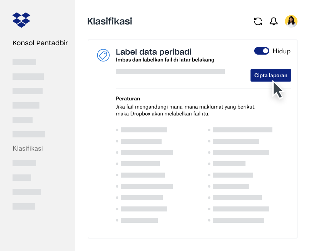 Pencipta laporan pengelasan data dalam Konsol Pentadbir Dropbox Business