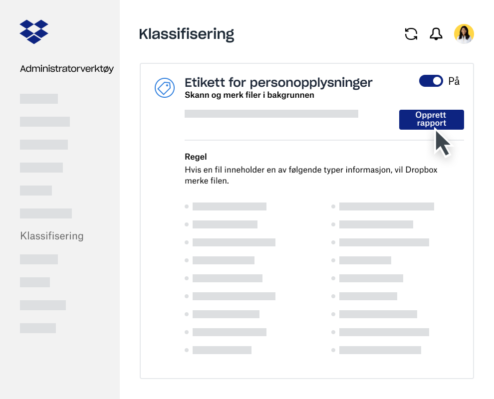 Rapportoppretter for dataklassifisering i administratorverktøyet for Dropbox Business