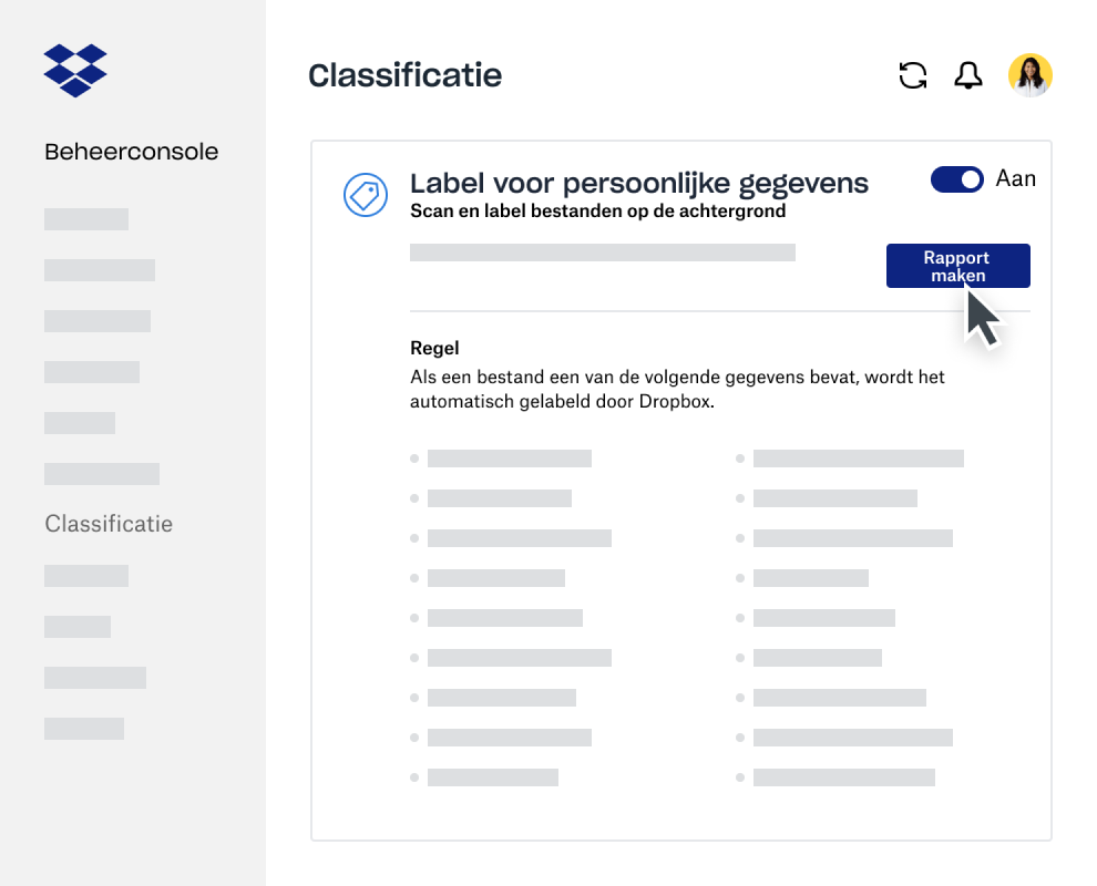 Gebruik de maker voor gegevensclassificatierapporten in de beheerconsole van Dropbox Business