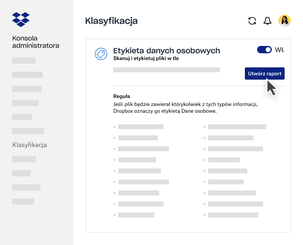 Kreator raportów klasyfikacji danych na Konsoli administratora w Dropbox Business