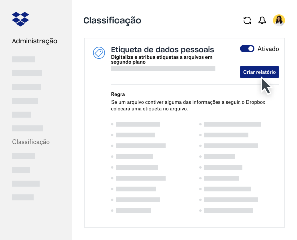 Criador de relatórios de classificação de dados na Administração do Dropbox Business