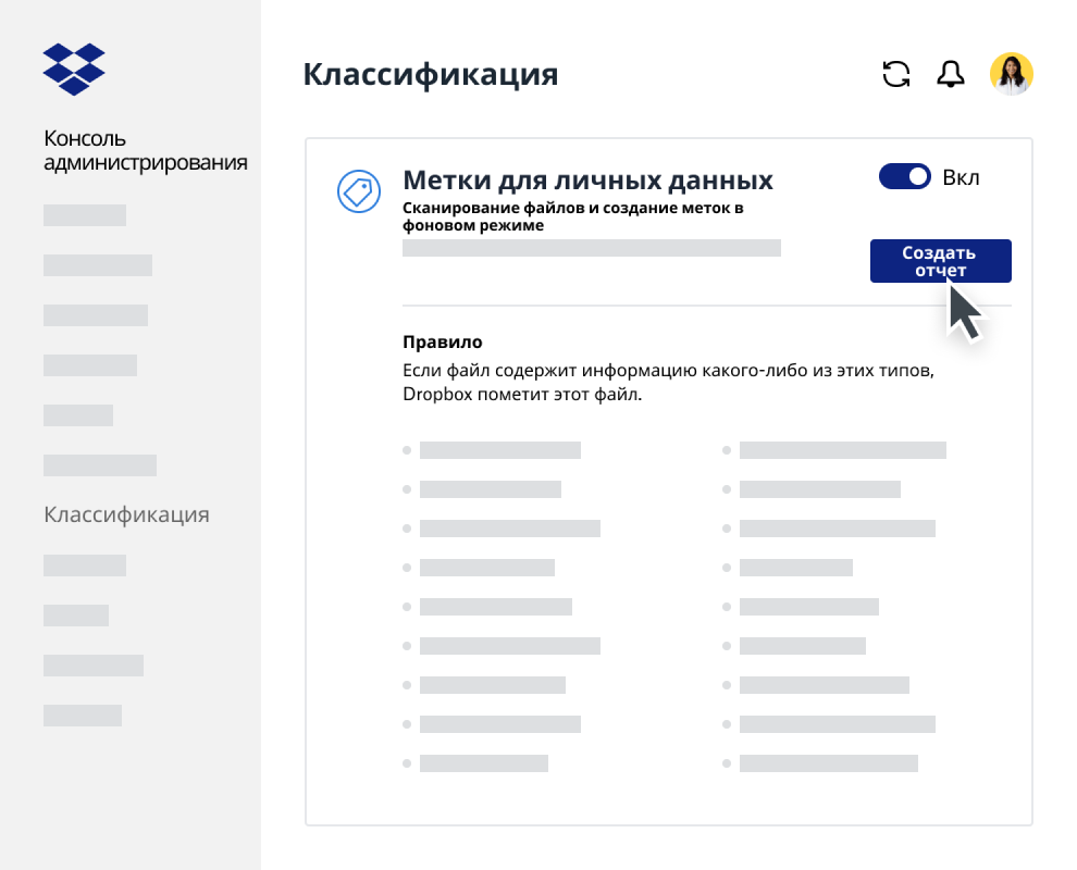 Генератор отчета о классификации данных в консоли администратора Dropbox Business