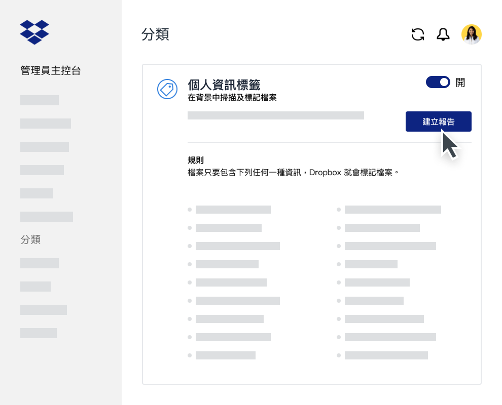 Dropbox Business 管理員主控台裡的資料分類報告建立者