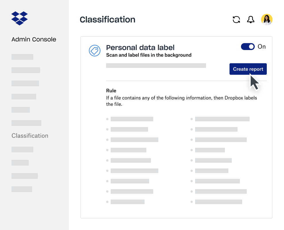 Data classification report creator within the Dropbox Business Admin Console